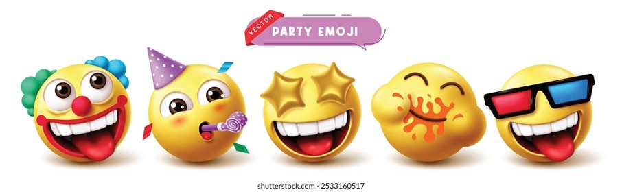 Conjunto de Vector de fiesta de cumpleaños Emoji. Emoji y emoticon cumpleaños divertido payaso, traje, mascota, feliz, disfrutar, travieso, sonriente colección de personaje. Ilustración vectorial fiesta de cumpleaños emojis facial 