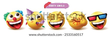 Emoji birthday party vector set. Emoji and emoticon birthday funny clown, costume, mascot, happy, enjoy, naughty, smiling character collection. Vector illustration birthday party emojis facial 