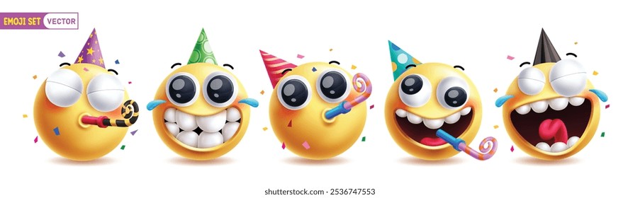 Conjunto de Vector de cumpleaños Emoji. Emojis 3d emoticon personaje de fiesta de cumpleaños como payaso con sombreros de colores elemento en feliz, disfrutar y reír de la expresión facial icono de colección. Emojis de Ilustración vectorial 