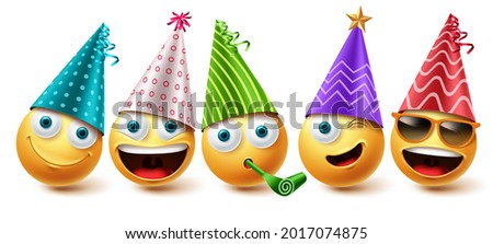 Emoji birthday vector set. Emojis emoticon birthday party icon collection isolated in white background for graphic design elements. Vector illustration
