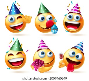 Emoji birthday vector set. Emoticon emojis in party hats with gift, cupcake and confetti celebration elements for birth day happy and funny character collection design. Vector illustration
