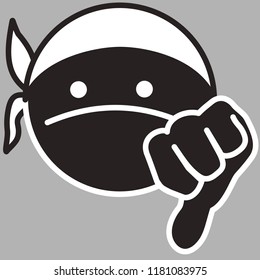 emoji with black gangsta that is wearing a bandanna shows his disrespect by lowering his left thumb down in disdain to a bad person he dislikes, simple colored emoticon, simplistic colorful pictogram