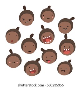 Emoji. Black girl emotions. Vector hand drawn isolated faces.