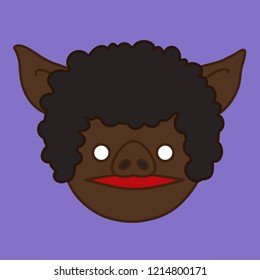 emoji with black pig guy with afro or disco haircut, simple hand drawn emoticon, simplistic colorful picture, vector art with pig-like characters