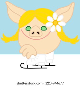emoji with blonde figure skater pig girl that is standing & balancing on ice skates at the skating rink in the winter, simple hand drawn emoticon, simplistic colorful picture, eps 10 vector clip art