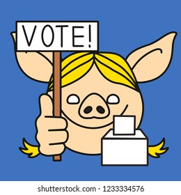 emoji with blonde stump orator pig woman with a vote banner that votes using a ballot box, simple hand drawn emoticon, simplistic colorful picture, vector art with pig-like characters