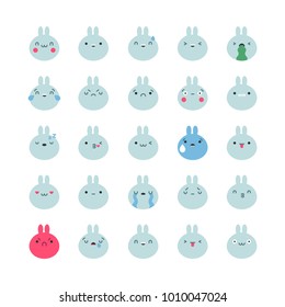 Emoji blue bunny icon vector set. Flat cute korean style emoticons.