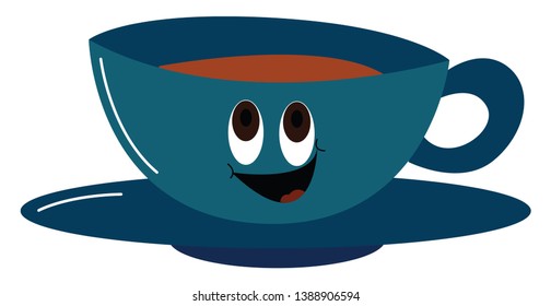 Emoji of a blue cup filled with coffee has two eyes rolled up and laughs while resting on a saucer  vector  color drawing or illustration