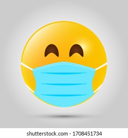 Emoji with blue mouth mask. Yellow emoji icon on grey template. Vector illustration