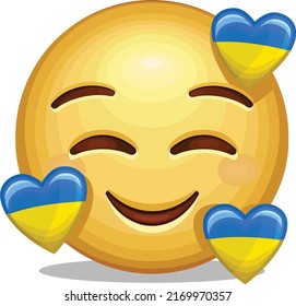 Emoji with blue and yellow hearts