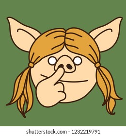 emoji with bored blonde pig gal with pigtails that is picking her nose with her finger, simple hand drawn emoticon, simplistic colorful picture, vector art with pig-like characters