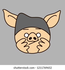 emoji with bored pig character that is wearing a knitted hat propping up his head with palms & waiting for his turn in queue or just slacking & has nothing to do, simple hand drawn emoticon