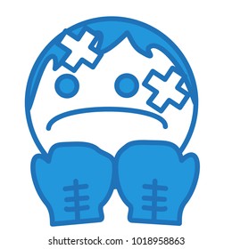 emoji with boxer on a boxing ring in defensive stance, male fighter with protective mouth guard wearing safety gloves and having patches on his face covering injuries or wounds, hand drawn linear icon