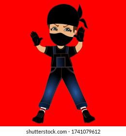 emoji with boy grumpy ninja wearing a mask or hood, japanese assassin ready to kill on red isolated background, colored emoticon