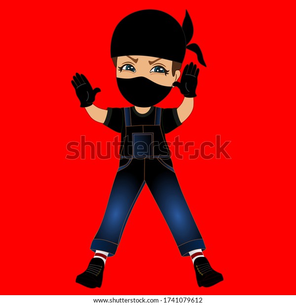 顔文字と不機嫌な少年の忍者 マスクやフードを着けた顔 赤い背景に殺す準備のできた日本の刺客 色と絵文字 のベクター画像素材 ロイヤリティフリー