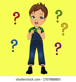 emoji with a  boy ho shows with his whole appearance that he cannot count, emoticon on a  isolated background with question marks