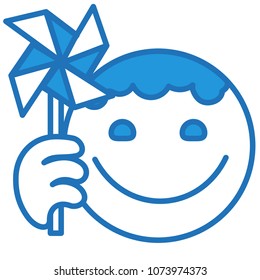 emoji with boy playing with a windmill or pinwheel toy that is spinned by wind, simple hand drawn emoticon, ball or circle shaped face, simplistic facial expression, eps 10 vector illustration