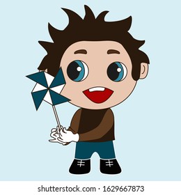 emoji with boy playing with a windmill or pinwheel toy that spins by wind, simple hand drawn emoticon, simplistic colorful picture, vector art