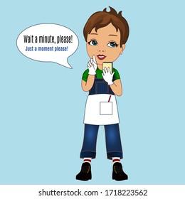 emoji con un chico mesero pidiendo a un cliente que se quede de pie, un pequeño hombre con una cara confusa que está levantando su dedo índice en un gesto de un momento para pedirle a la gente que espere un minuto por él