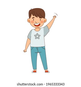 Emoji Boy Waving Hand as Friendly Greeting Vector Illustration