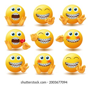 Emoji marca el conjunto de vectores emoticonos. Emojis en personajes de brace dental con gestos de manos ricas y suaves como las manos sorprendidas y ondeando para el diseño de personajes de emoticonos adorables y alegres. Ilustración del vector