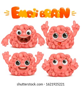 Emoji brain cartoon character in various emotions. Vector set