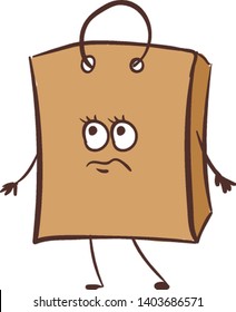 Emoji of a brown paper bag ideal for gift purposes or carrying light-weight clothes has a cute little face with eyes rolled up expresses sadness while standing, vector, color drawing or illustration. svg