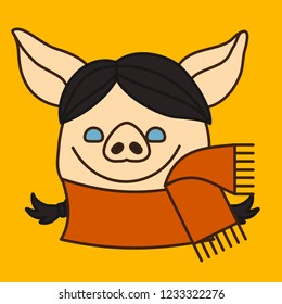 emoji with brunette pig woman with pigtails who is wearing an orange wool scarf on her neck, simple hand drawn emoticon, simplistic colorful picture, vector art with pig-like characters