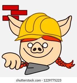emoji with builder pig woman that is working at the construction site in front of a brick wall wearing a safety helm or casque and holding a trowel, simple hand drawn emoticon, eps 10 vector clip art