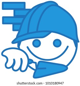 emoji with builder working at the construction site in front of a brick wall wearing a safety helm or casque and holding a trowel, simple hand drawn emoticon, ball or circle shaped face, eps 10
