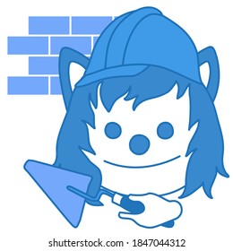 emoji with builder working at the construction site in front of a brick wall wearing a safety helm  and holding a trowel, simple hand drawn wolf emoticon