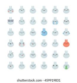 Emoji bunny icon vector set. Flat cute korean style isolated emoticons.