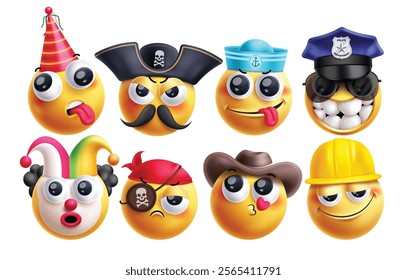 Emoji career characters vector set. Emojis profession character like pirate, seafarer, police, clown, bandit, cowboy and engineer wearing hat costume elements. Vector illustration job emoji mascot 