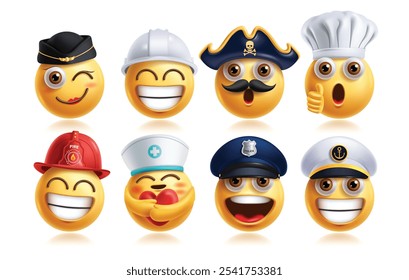 Emoji career emoticon characters vector set. Emojis professionals 3d character like stewardess, engineer, pirate, chef, fireman, nurse, police and marine in yellow round face elements collection. 