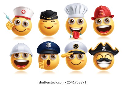 Emoji career emoticon characters vector set. Emojis professionals 3d character like nurse, flight attendant, chef, fireman, engineer, police, marine and pirate in yellow round face elements collection