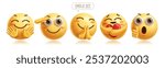 Emoji caring 3d emoticons characters vector set. Emoticon facial expression in friendly, salute, kind, approved, hug and happy face graphic elements. Vector illustration emojis caring icon collection.