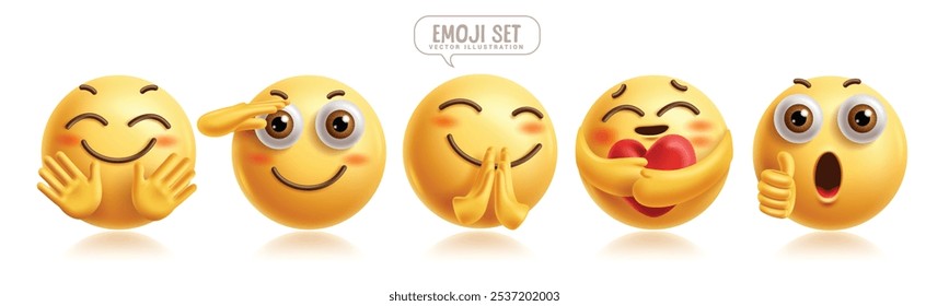 Emoji caring 3d emoticons characters vector set. Emoticon facial expression in friendly, salute, kind, approved, hug and happy face graphic elements. Vector illustration emojis caring icon collection.