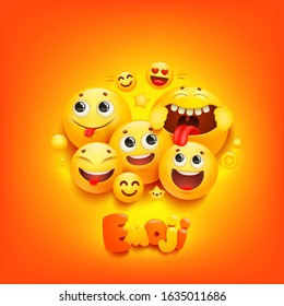 Emoji cartoon group smile character in 3d style on yellow background. Facial expression. Vector emoticon character illustration.