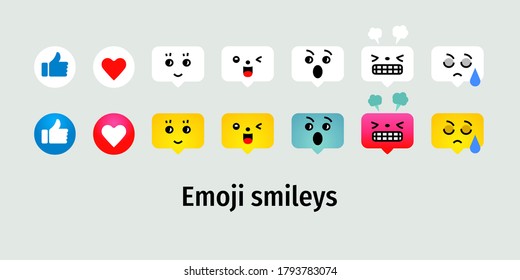 Emoji cartoon messages. Emotions, feelings, faces characters. Icon template like, love, joy, happiness, wonder, anger, tear. Vector illustration set.