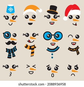 Emoji cartoon Snowman Face. Cartoon Funny Snowman Head Face with Different Emotions Set.