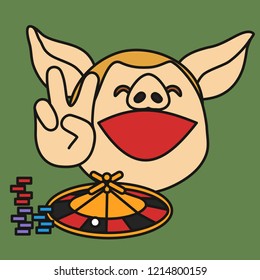 emoji with casino winner pig w. a lot of stacks of roulette chips that is showing V-victory hand gesture or sign, happy smiling gambler that won a ton of money w. bet on color, game of chance addict