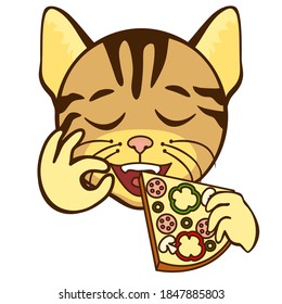 emoji cat with gourmet tasting a piece of hot pepperoni pizza with great pleasure & showing italian bellissimo gesture, foodie eating a tasty food