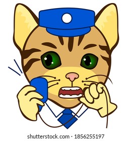 emoji with cat security or surveillance watchman, train station dispatcher or traffic controller in uniform, white collar shirt and a tie shouting into a loudspeaker while squeezing cord in anger