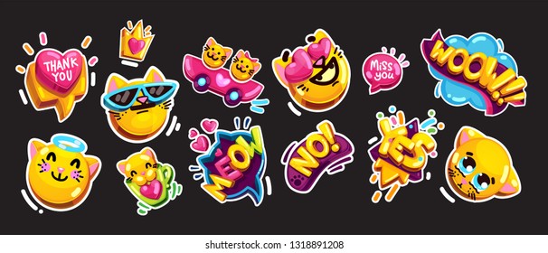 emoji cat and speech bubbles stickers set on black background 