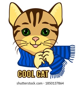 emoji with a cat wearing a scarf on his neck, funny cartoon character with simplistic facial expression, simple hand drawn emoticon, vector illustration
