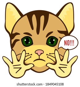 Emoji with a cat who shows a gesture with his hands and says No, simple hand drawn emoticon on white isolated background