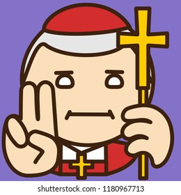 emoji with catholic christian cardinal in high rank cleric robe with skull cap & crucifix, old pale prince of the church holding curly stuff while showing cross sign with IC XC fingers gesture