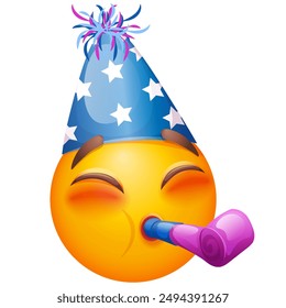 Emoji celebrating on white background. Emoticon with party hat and horn. Emoji for party, holiday, birthday, invitation, card, print. Cute emoticon