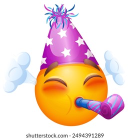 Emoji celebrating on white background. Emoticon with party hat and horn. Emoji for party, holiday, birthday, invitation, card, print. Cute emoticon