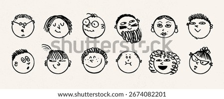 Emoji chalk doodle sketch faces drawn with crayon texture in black line style. Chalk emoji face icons with simple smiles and expressions. Great for kids art, posters, stickers, playful design